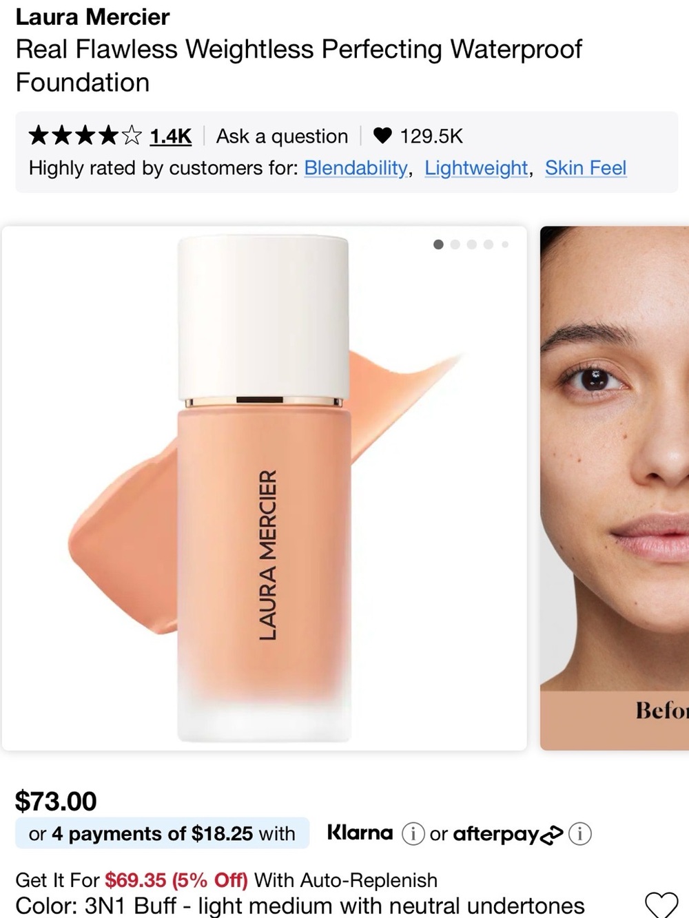 Laura Mercier Real Flawless Weightless Perfecting Waterproof Foundation 3N1 Buff
